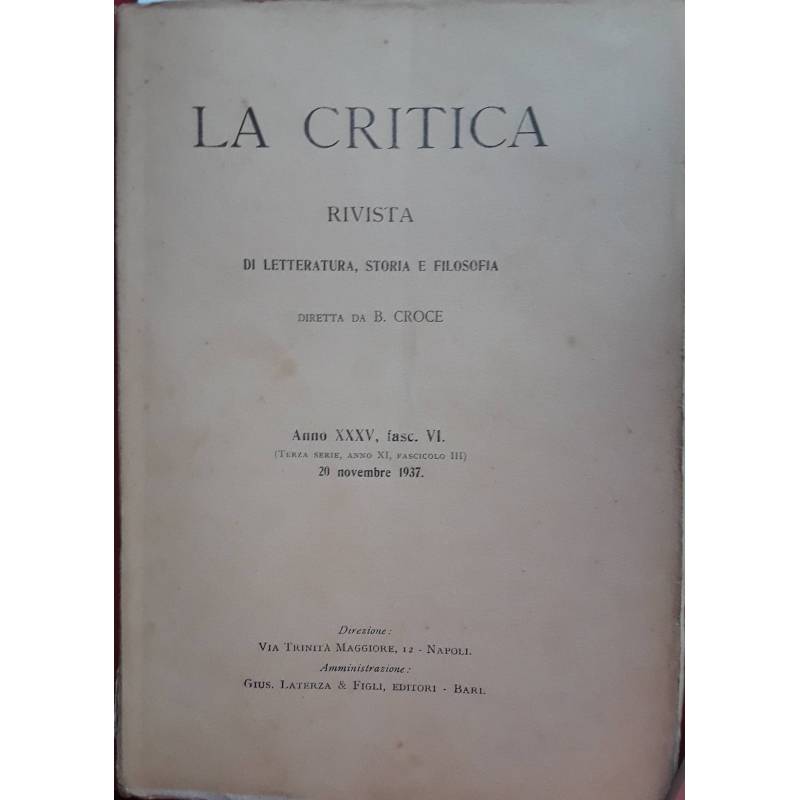 La critica. Rivista di letteratura, storia e filosofia. Anno XXXV fasc.VI. 20 novembre 1937
