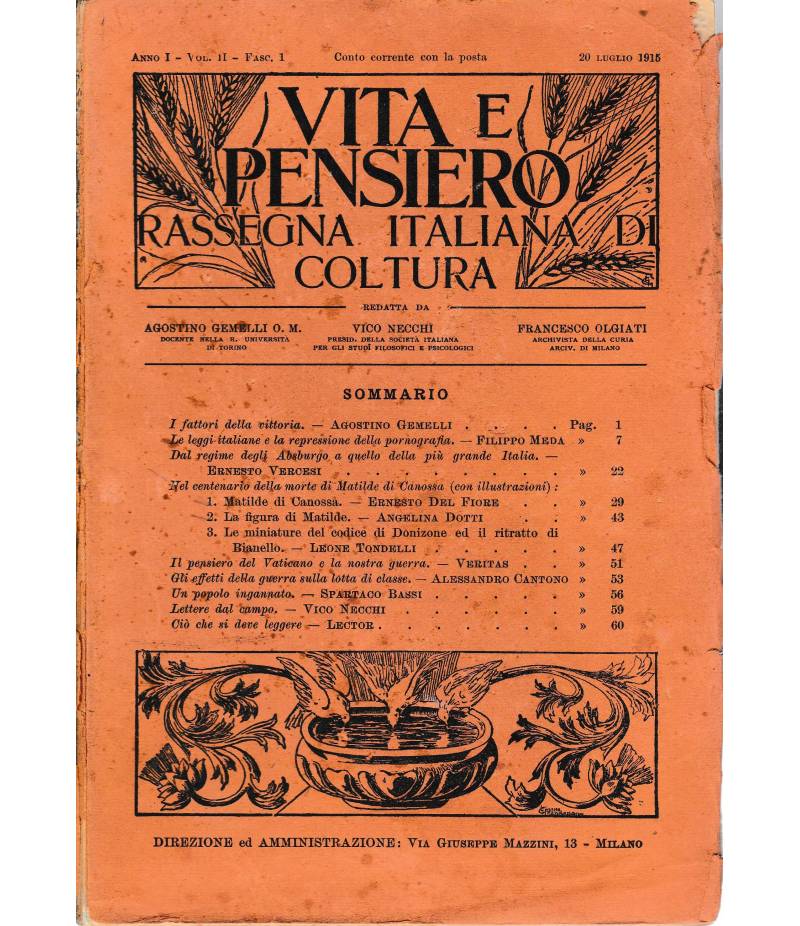 Vita e pensiero. Rassegna italiana di coltura anno I - volumi secondi, sette fascicoli 1915