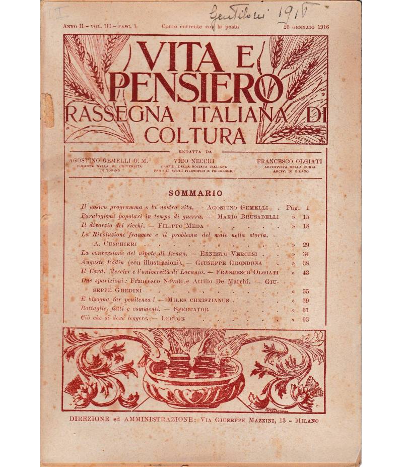 Vita e pensiero. Rassegna italiana di coltura - anno II - terzi volumi - 9 fascicoli 1916